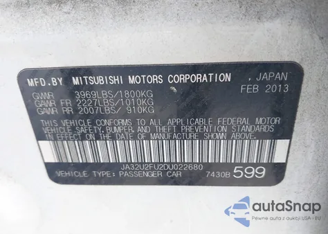 2013 Mitsubishi Lancer Es из США, поврежденный, VIN JA32U2FU2DU022680